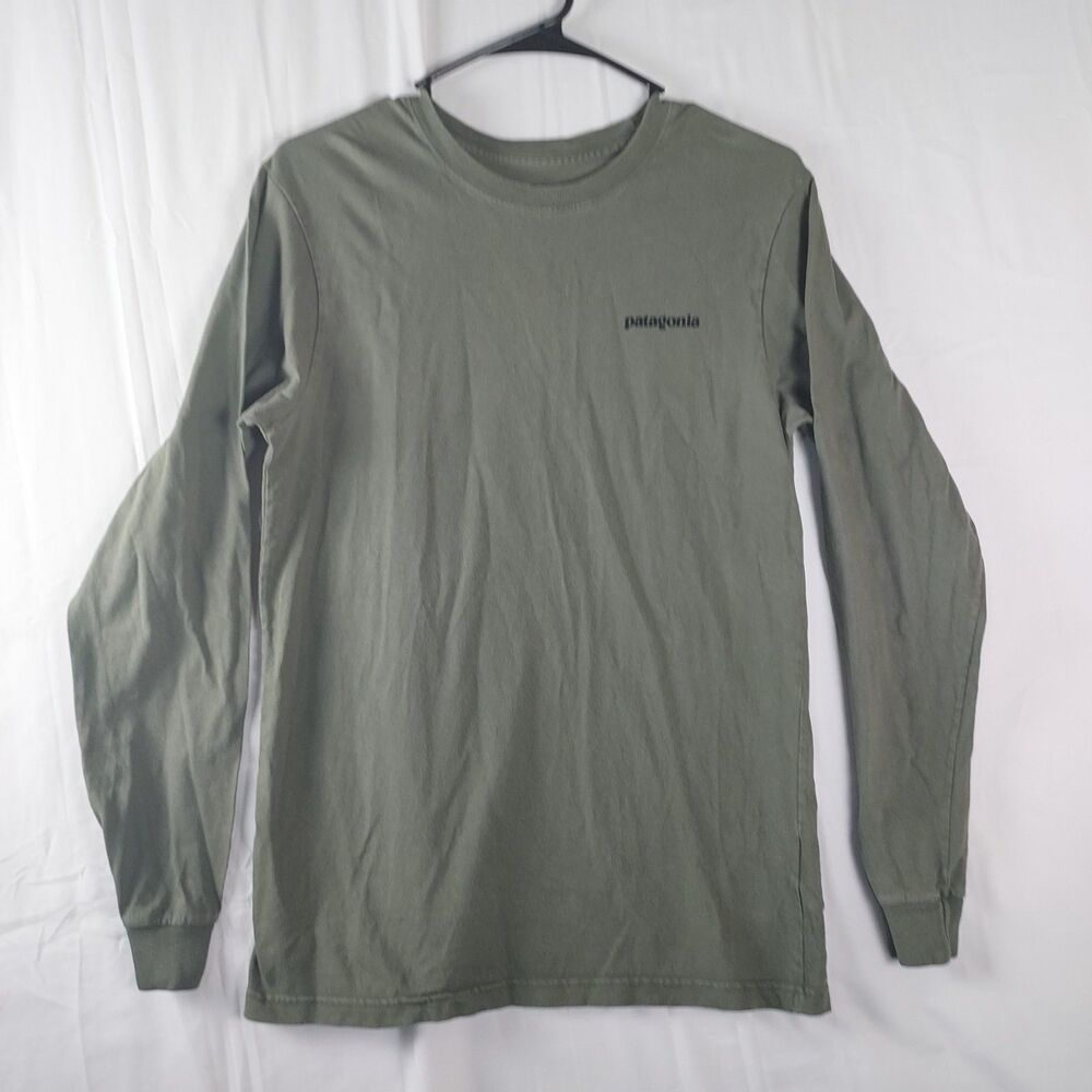 Patagonia XS Organic Cotton Long Sleeve T-Shirt Olive Green Logo Responsibili-Te